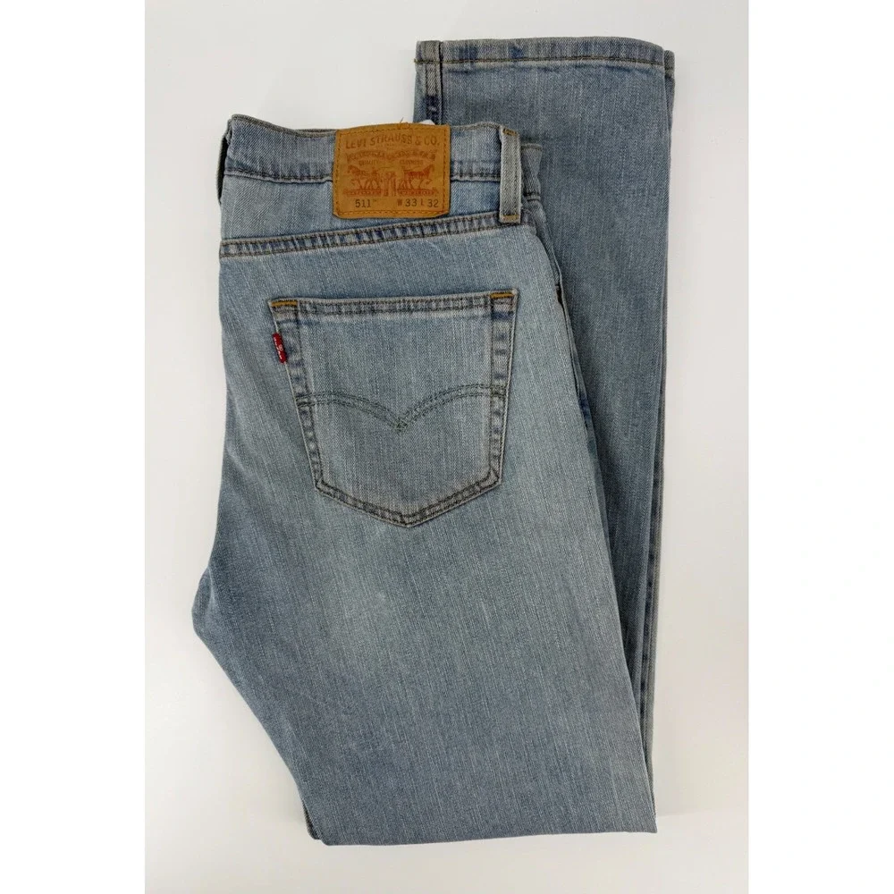 Levis 511 Jeans Mens 33x32 Blue Slim Fit Light Wash Denim Pants Distressed